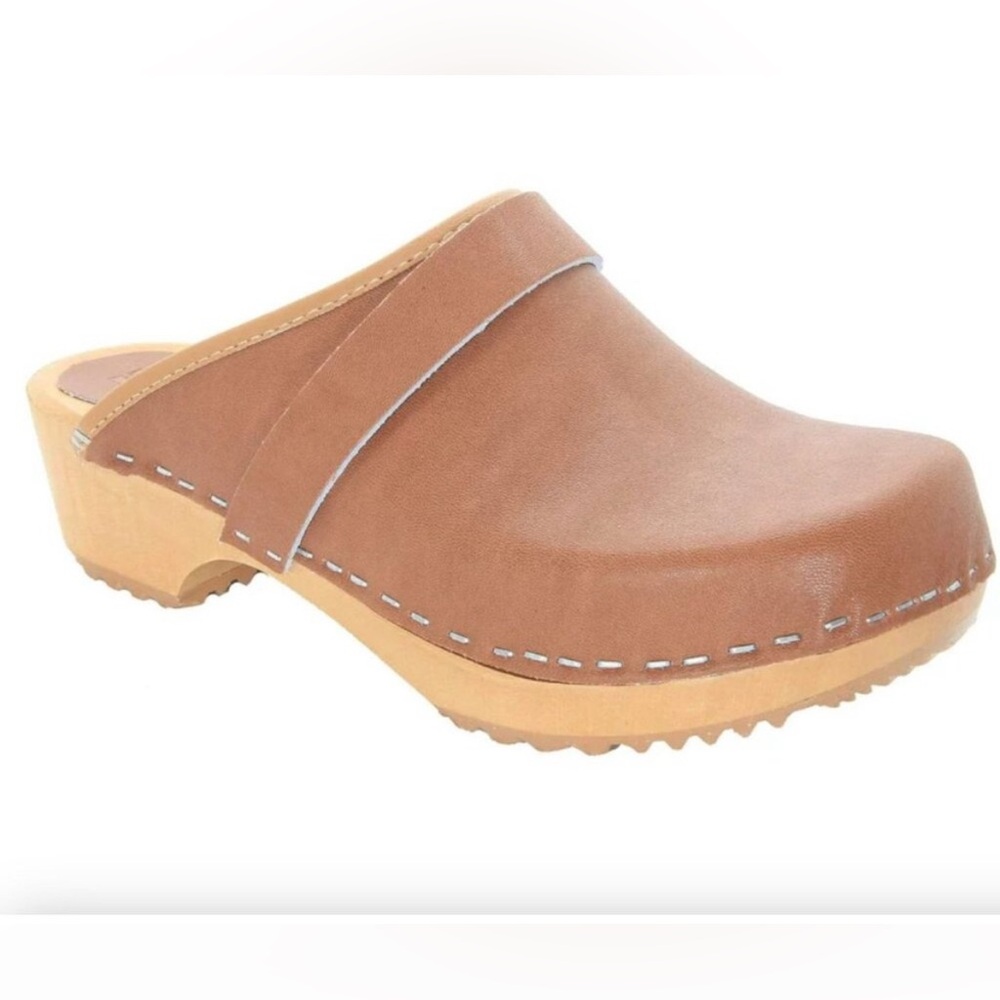 Bjork Maja Wood Open Back Leather Clogs Brown Leather EU 42